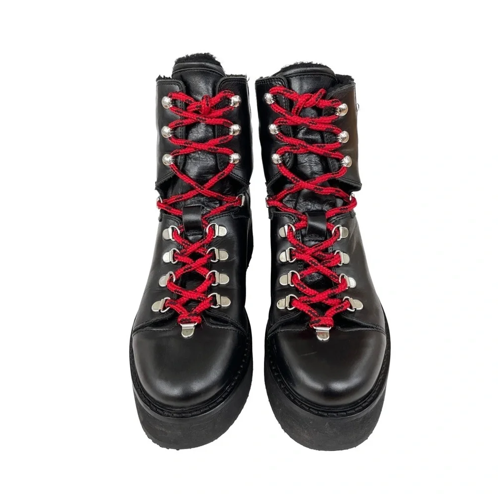 ALLSAINTS Fae Lace-Up Winter Hiker Boots, Black Leather, Red Laces, Wedge, EU 38 - Picture 5 of 10